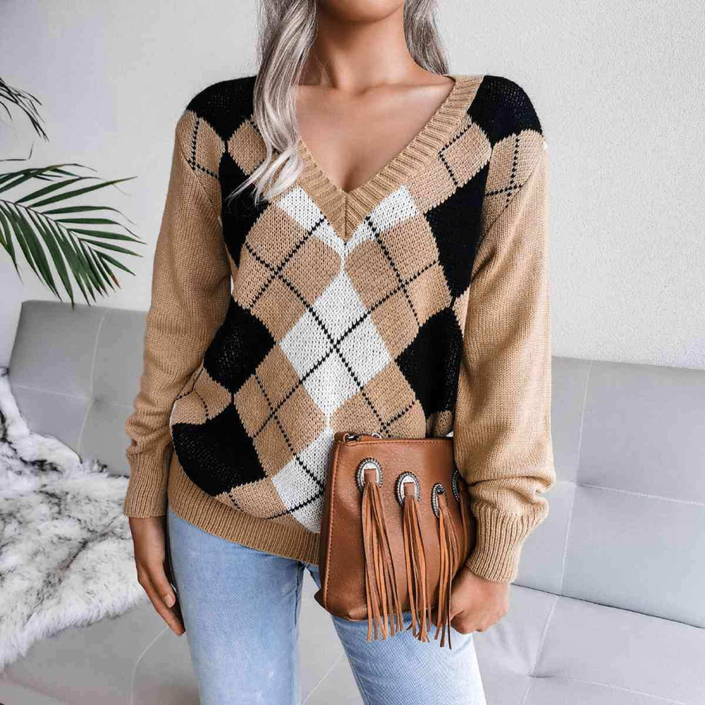 Geometric V-Neck Sweater - Trendsi - Flyclothing LLC