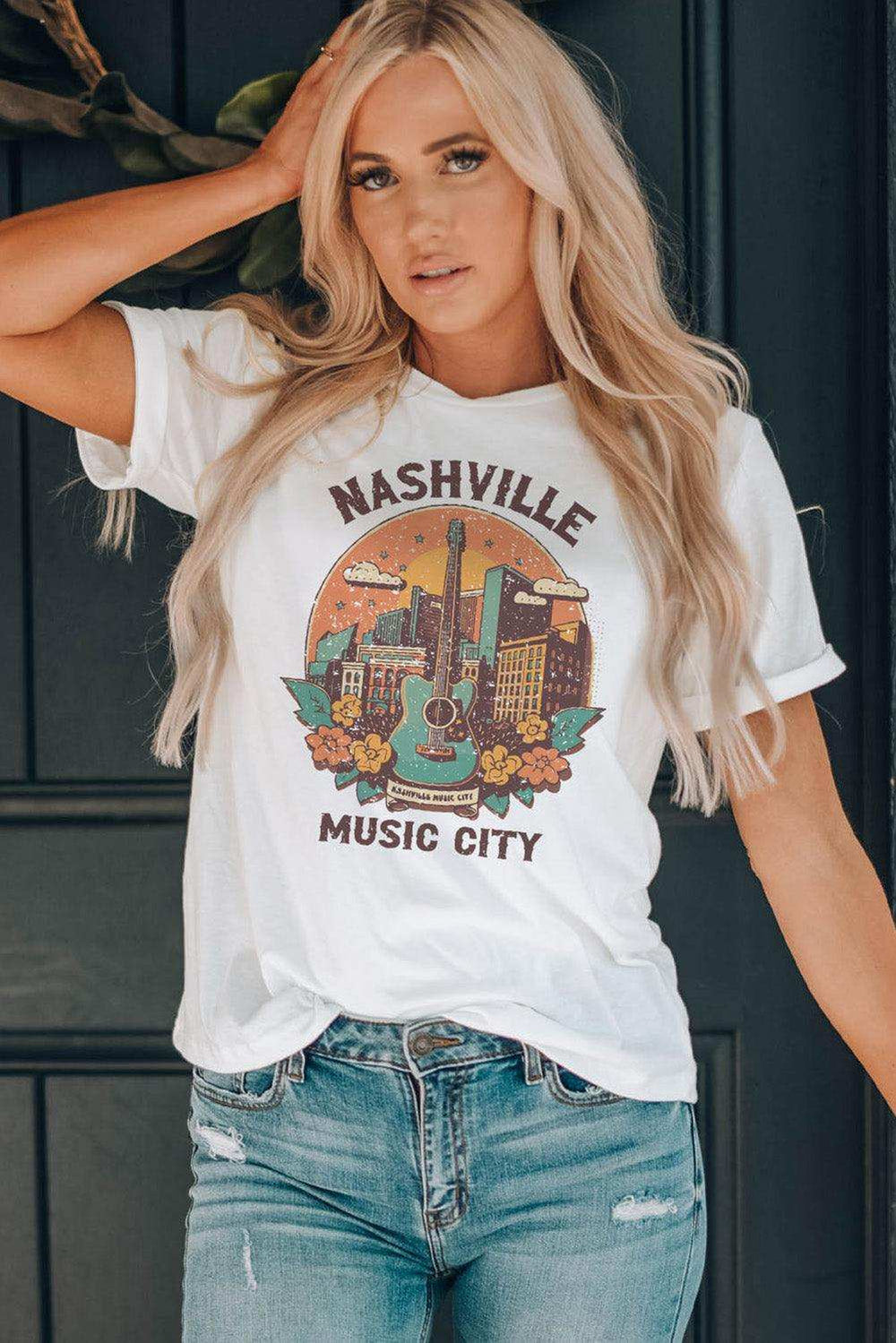 NASHVILLE MUSIC CITY Graphic Round Neck Tee - Trendsi - Flyclothing LLC
