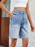 Buttoned Raw Hem Denim Shorts with Pockets - Trendsi - Flyclothing LLC