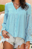 Crochet Flounce Sleeve Button Up Blouse - Trendsi - Flyclothing LLC