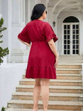 Plus Size Ruched Surplice Flounce Sleeve Mini Dress - Trendsi - Flyclothing LLC