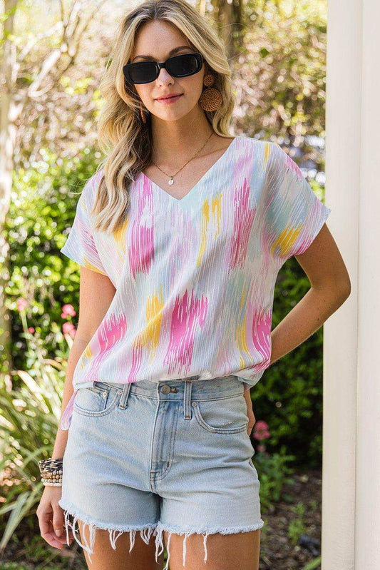 High-Low V-Neck Short Sleeve Blouse - Trendsi - Flyclothing LLC