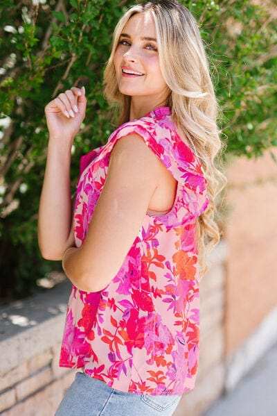 Frill Floral Mock Neck Cap Sleeve Blouse - Trendsi - Flyclothing LLC