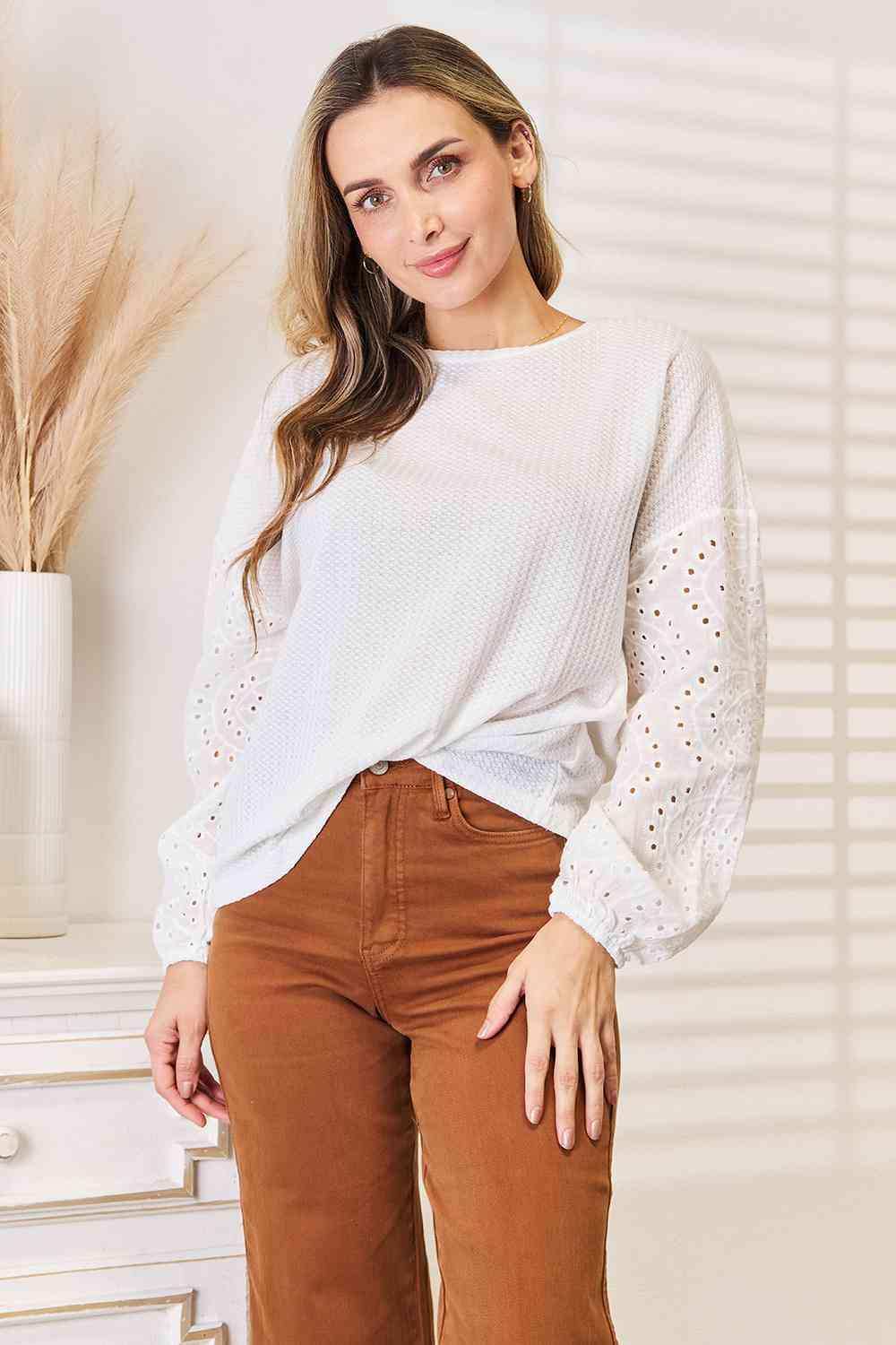 Double Take Eyelet Dropped Shoulder Round Neck Blouse - Trendsi - Flyclothing LLC