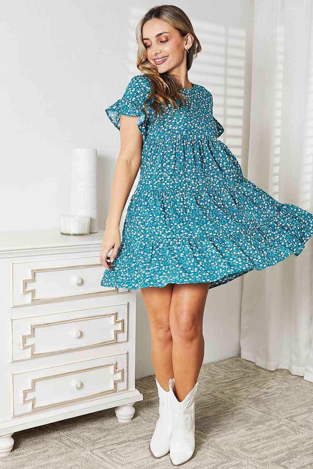 Double Take Short Flounce Sleeve Tiered Dress - Trendsi - Flyclothing LLC