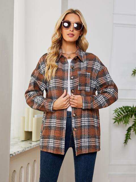 Plaid Collared Shirt Jacket - Trendsi - Flyclothing LLC