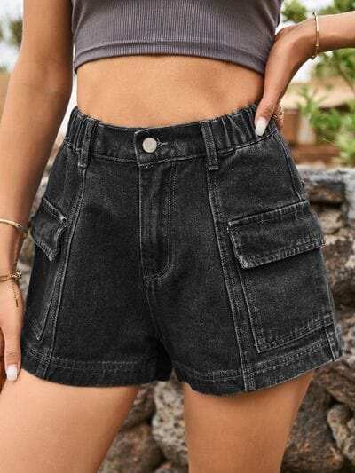 High Waist Denim Shorts with Pockets - Trendsi - Flyclothing LLC