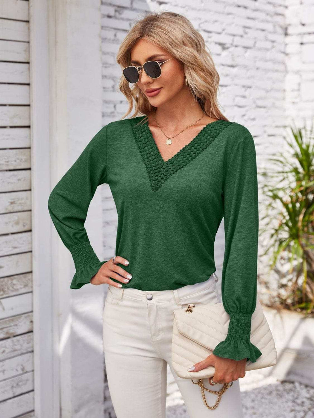 Smocked V-Neck Long Sleeve Blouse - Trendsi - Flyclothing LLC