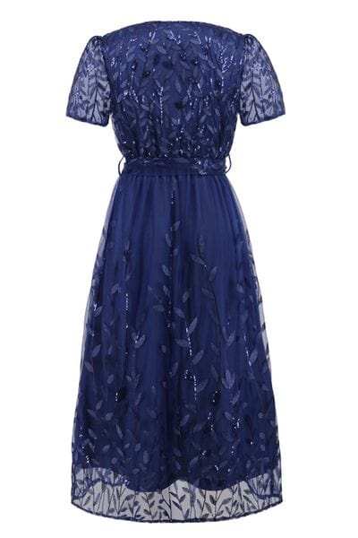 Sequin Leaf Embroidery Tie Front Short Sleeve Dress - Trendsi - Flyclothing LLC