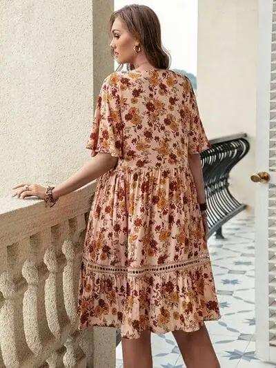 Plus Size Floral Crochet Flutter Sleeve Dress - Trendsi - Flyclothing LLC