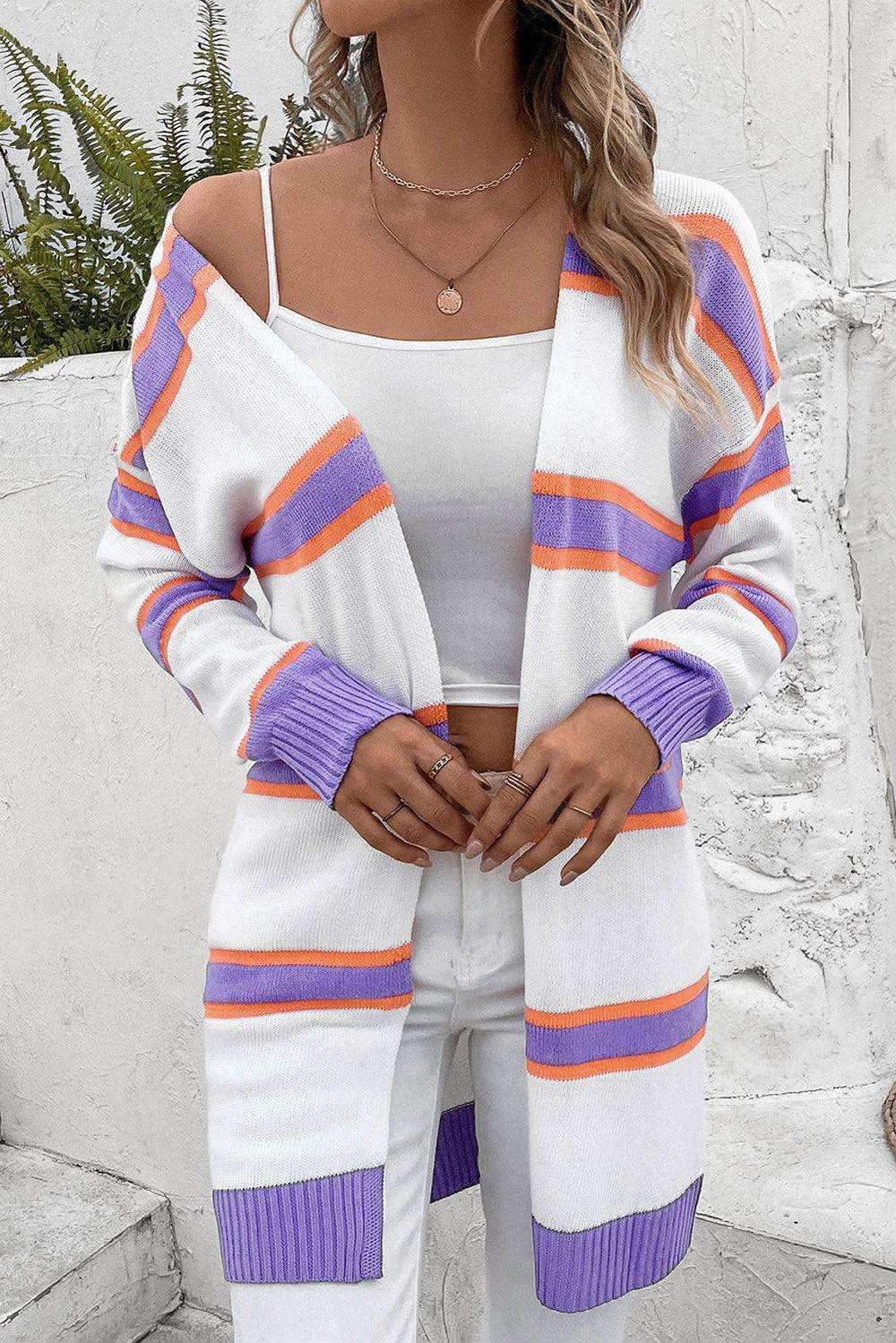 Striped Dropped Shoulder Cardigan - Trendsi - Flyclothing LLC