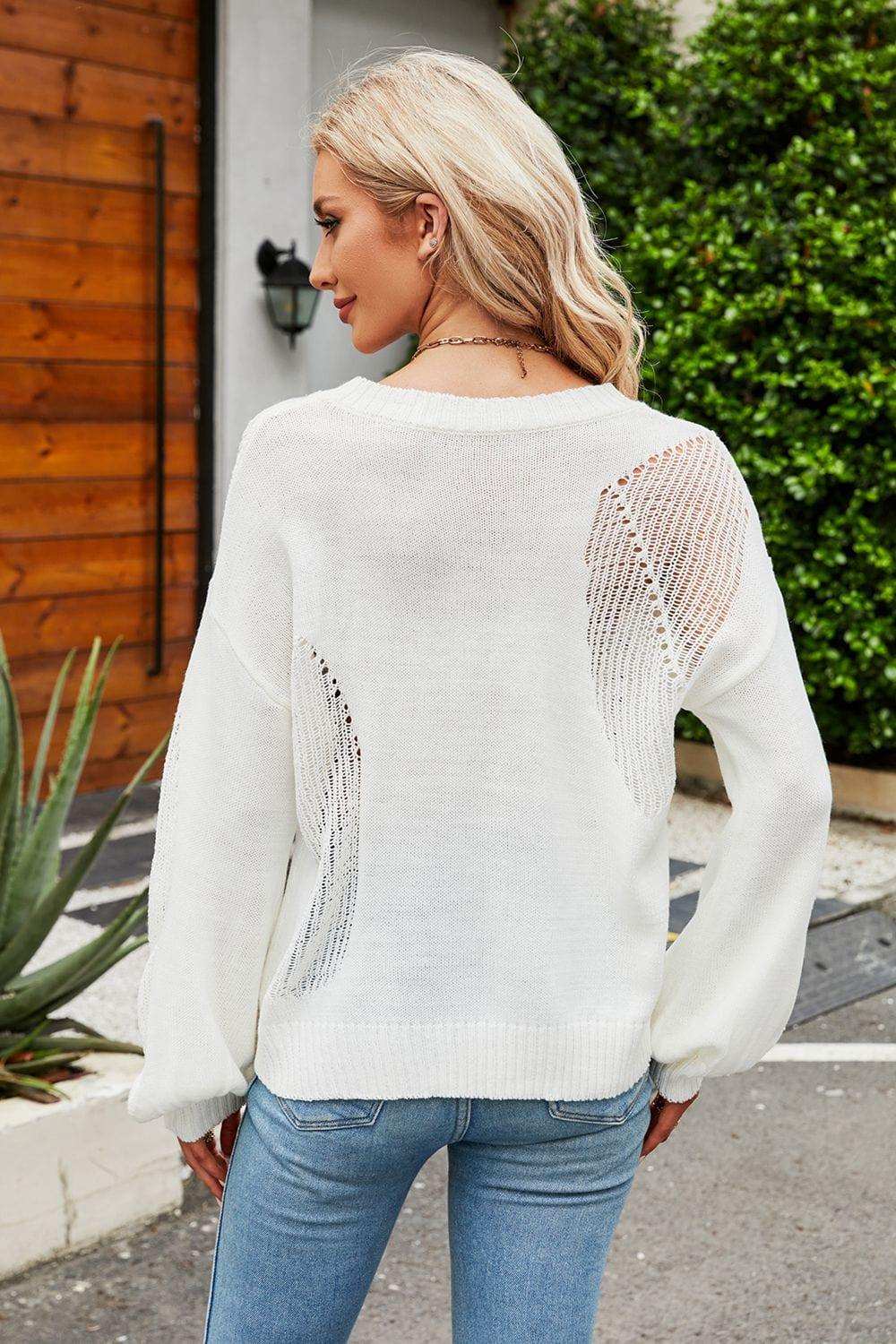 Openwork Round Neck Dropped Shoulder Knit Top - Trendsi - Flyclothing LLC