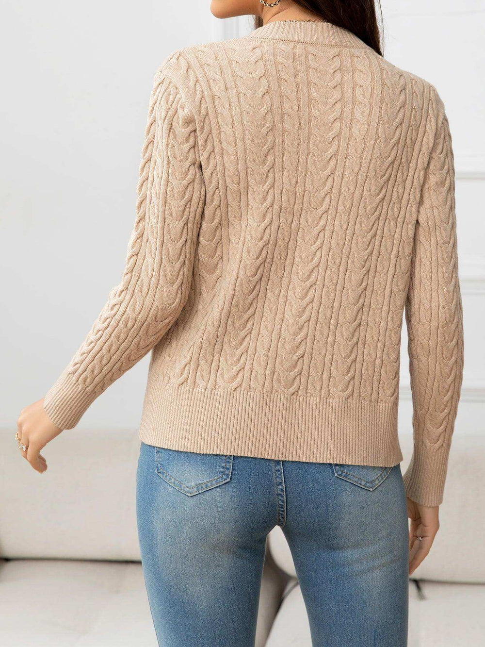V-Neck Long Sleeve Cable-Knit Buttoned Knit Top - Trendsi - Flyclothing LLC