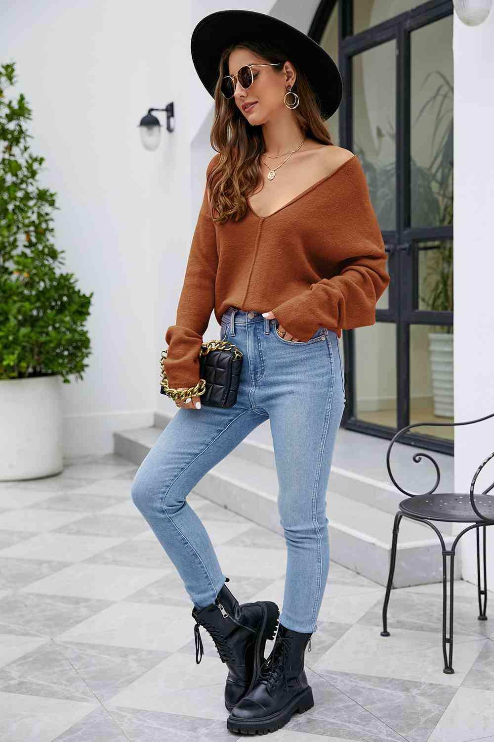 V-Neck Drop Shoulder Long Sleeve Knit Top - Trendsi - Flyclothing LLC