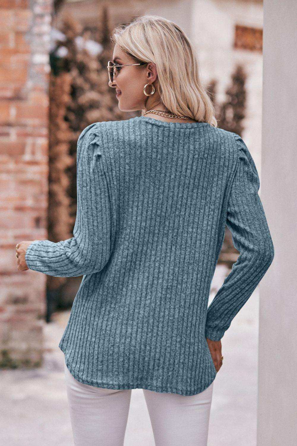 Round Neck Puff Sleeve Ribbed Top - Trendsi - Flyclothing LLC