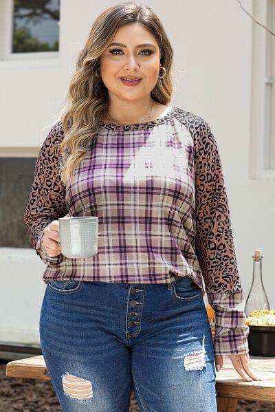 Plus Size Leopard Raglan Sleeve Plaid T-Shirt - Trendsi - Flyclothing LLC