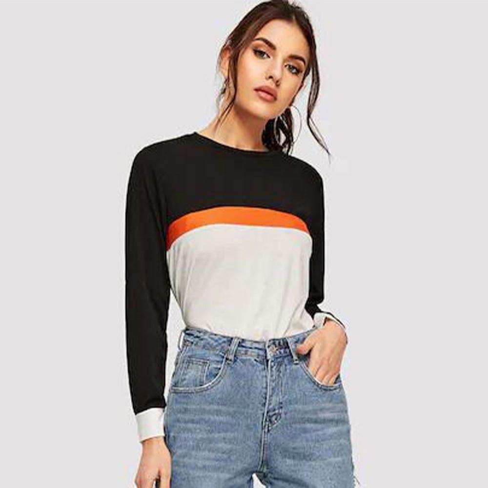 Color Block Round Neck Long Sleeve Tee - Trendsi - Flyclothing LLC