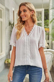 Swiss Dot Lace Trim Plunge Blouse - Trendsi - Flyclothing LLC