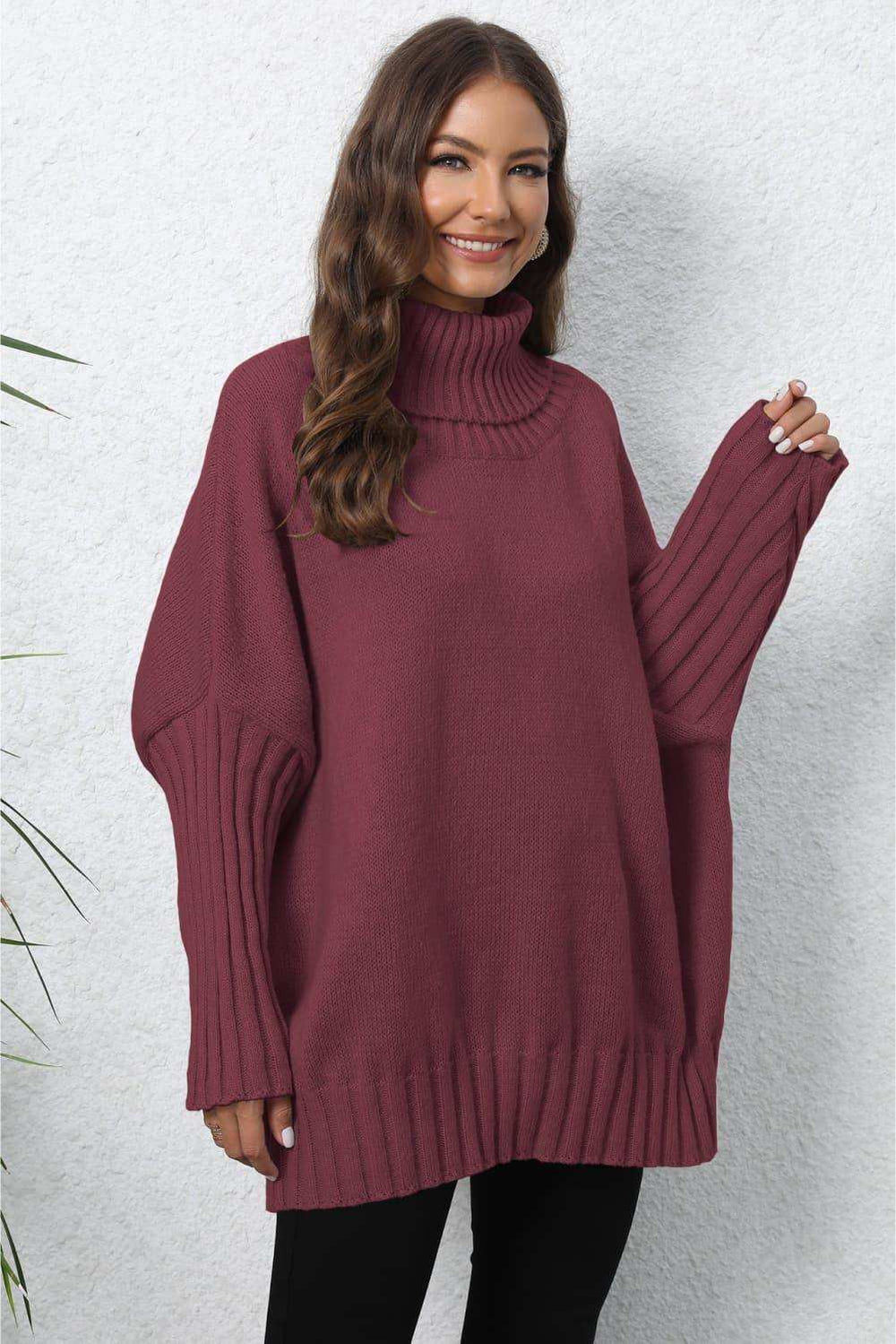 Turtle Neck Long Sleeve Ribbed Sweater - Trendsi - Flyclothing LLC
