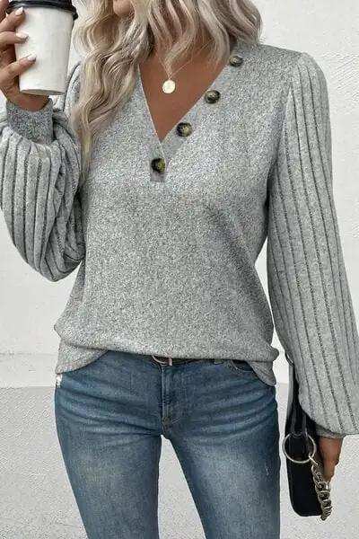 Decorative Button V-Neck Lantern Sleeve Blouse - Trendsi - Flyclothing LLC