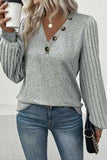 Decorative Button V-Neck Lantern Sleeve Blouse - Trendsi - Flyclothing LLC