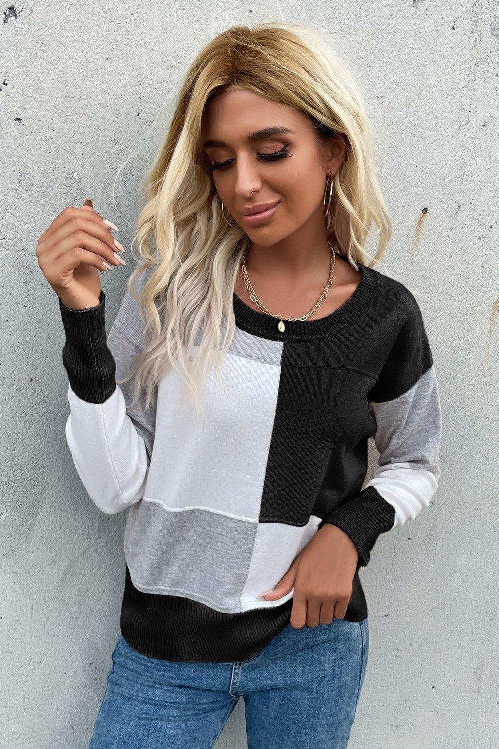 Color Block Ribbed Trim Round Neck Knit Pullover - Trendsi - Flyclothing LLC