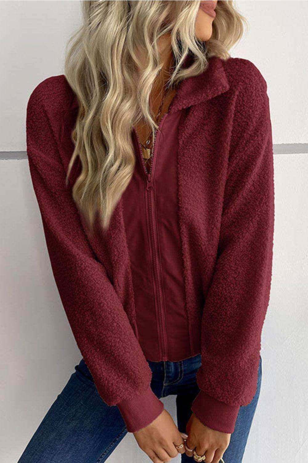 Zip-Up Sherpa Collared Neck Jacket with Pockets - Trendsi - Flyclothing LLC