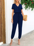 Short Sleeve V-Neck Jumpsuit with Pockets - Trendsi - Flyclothing LLC