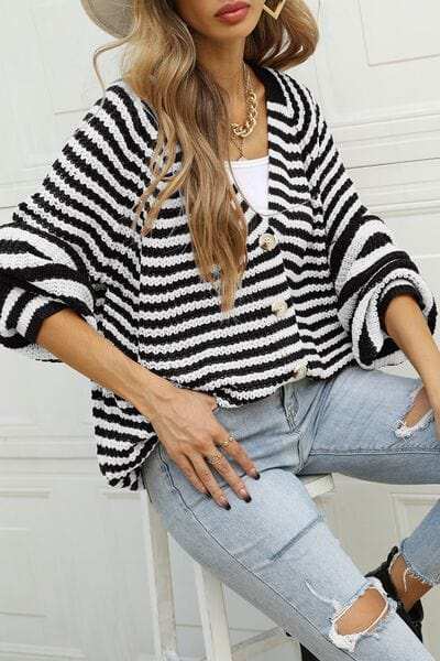 Striped Button Up Long Sleeve Cardigan - Trendsi - Flyclothing LLC