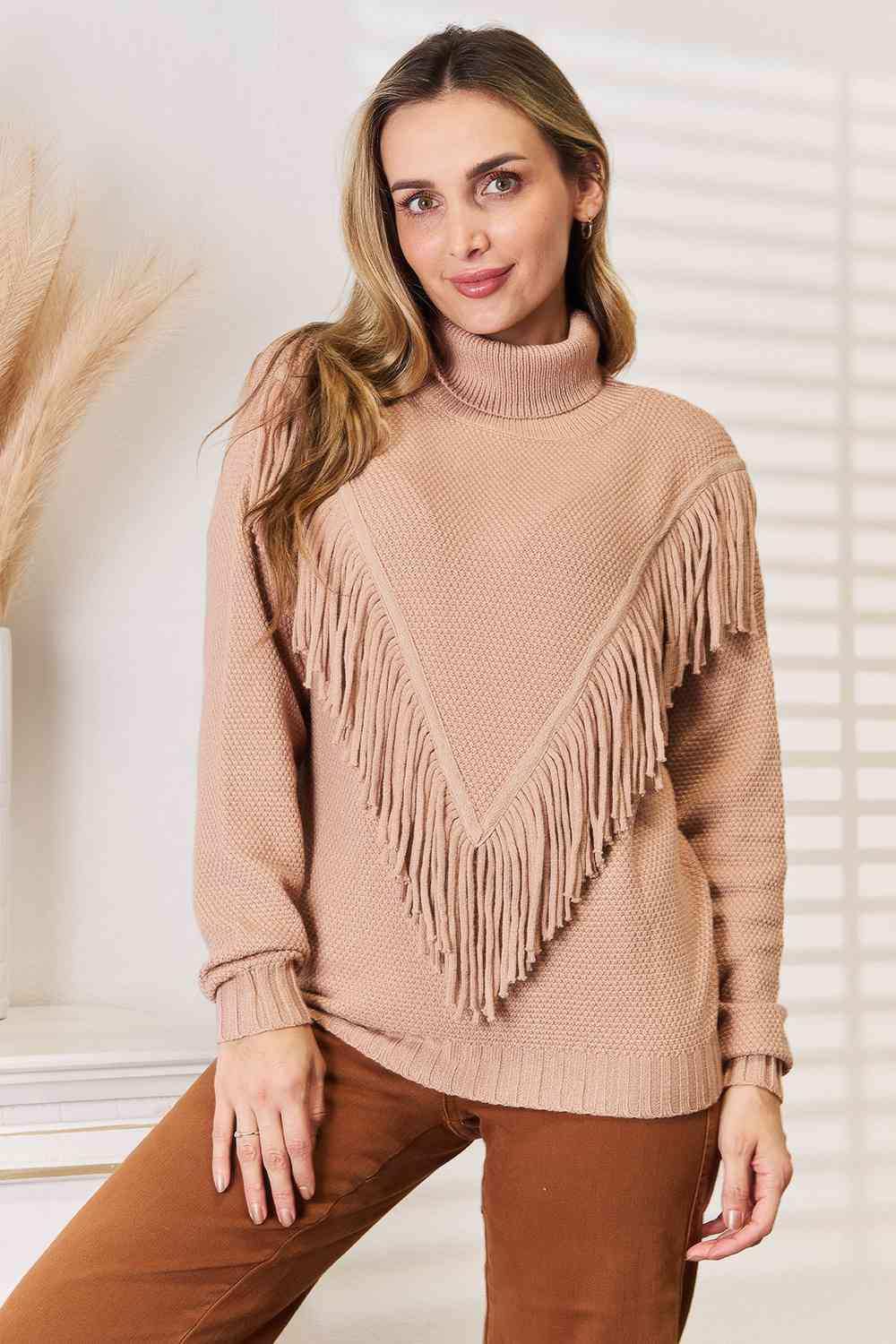 Woven Right Turtleneck Fringe Front Long Sleeve Sweater - Trendsi - Flyclothing LLC