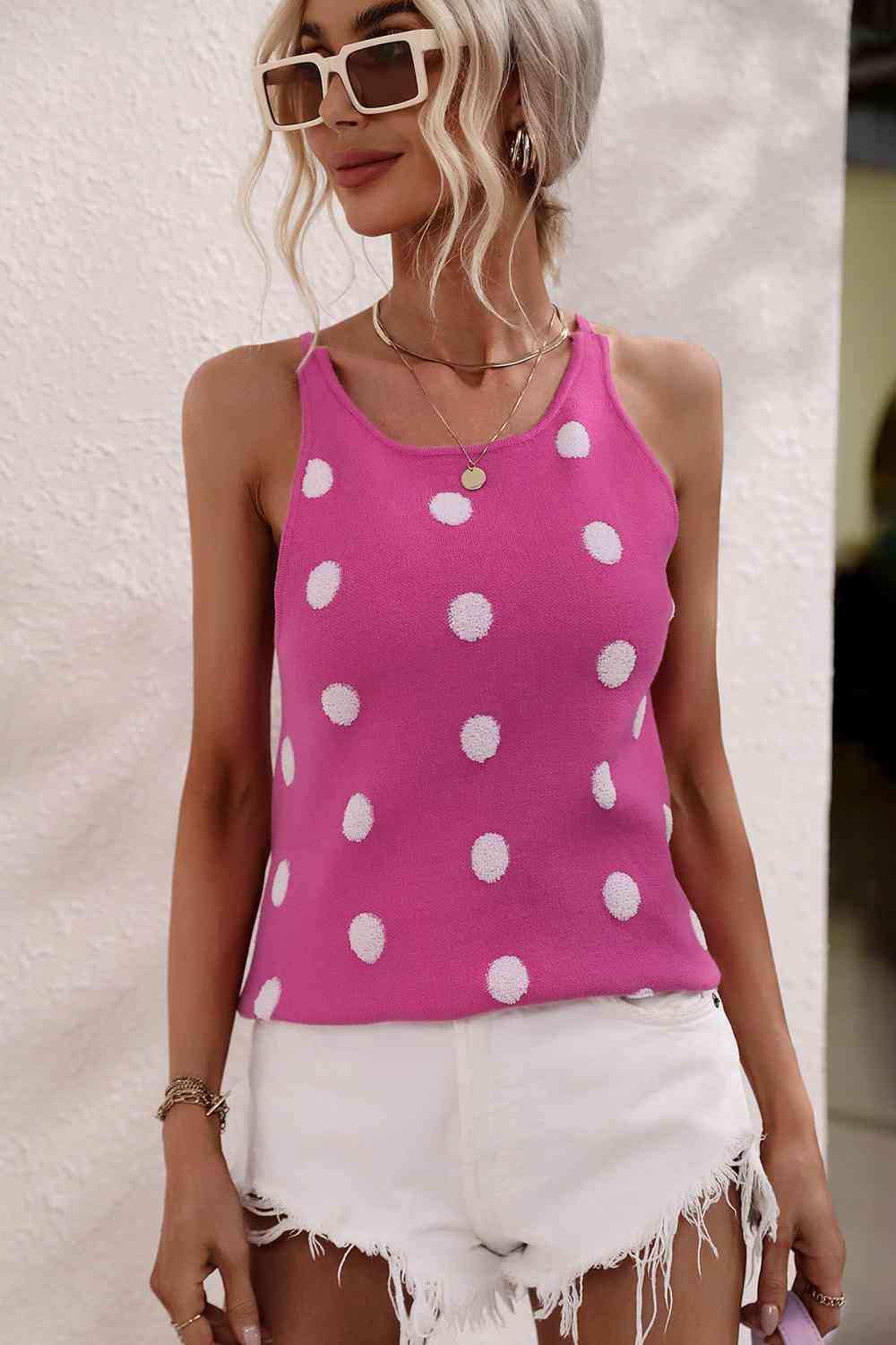 Polka Dot Round Neck Knit Tank - Trendsi - Flyclothing LLC