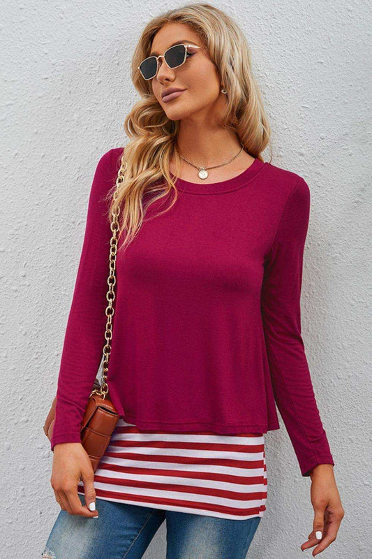 Full Size Striped Faux Layered Long Sleeve Top - Trendsi - Flyclothing LLC
