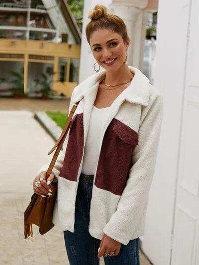 Plush Contrast Zip Up Coat - Trendsi - Flyclothing LLC