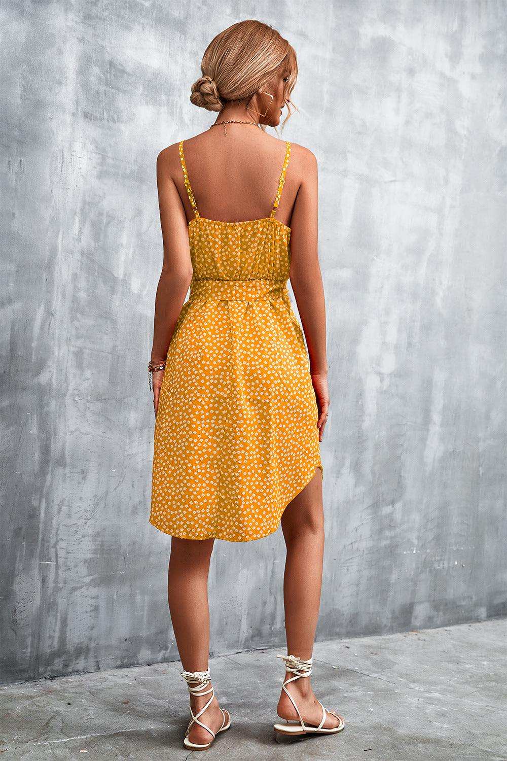 Printed V-Neck Tie Waist Mini Dress - Trendsi - Flyclothing LLC