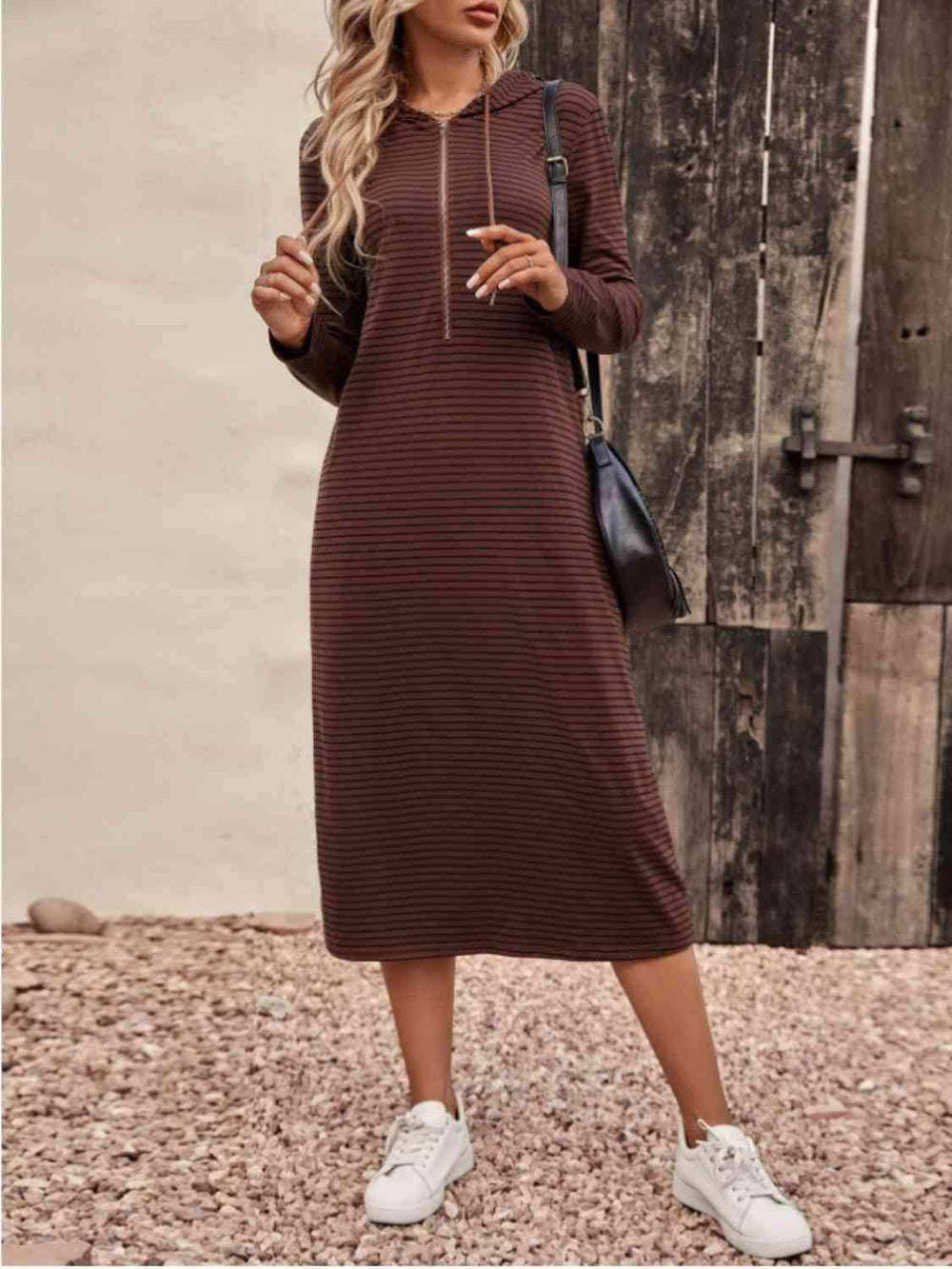 Striped Zip Front Hooded Dress - Trendsi - Flyclothing LLC
