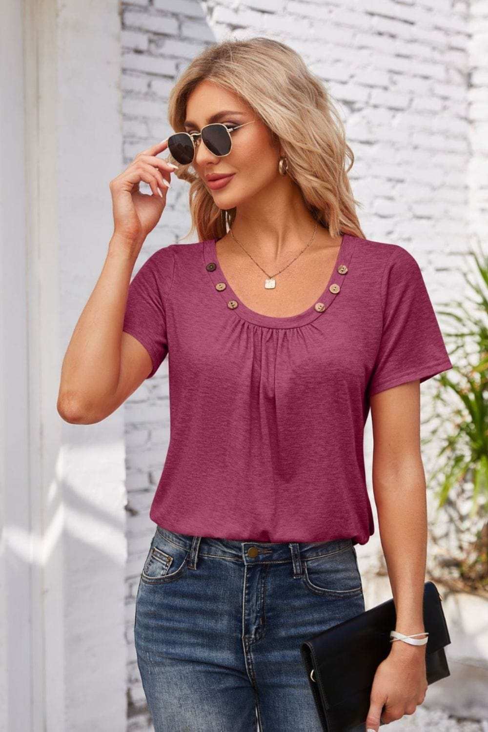 Decorative Button Scoop Neck T-Shirt - Trendsi - Flyclothing LLC