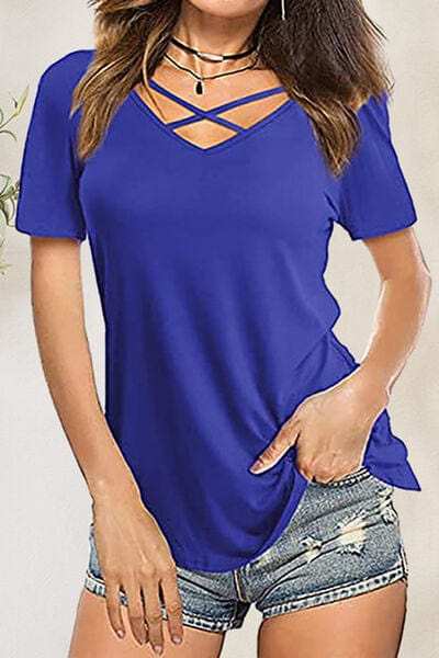 Crisscross Short Sleeve T-Shirt - Trendsi - Flyclothing LLC
