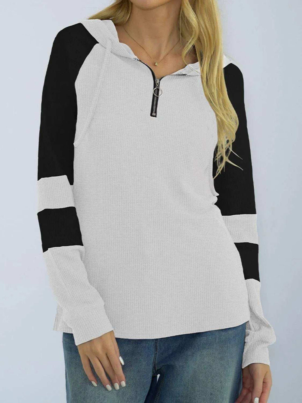 Waffle-knit Raglan Sleeve Zipper Front Hoody - Trendsi - Flyclothing LLC