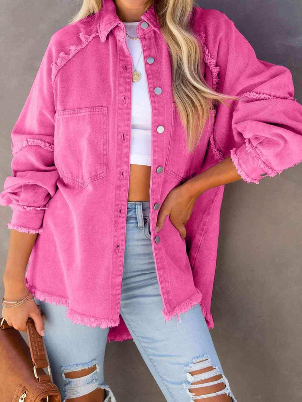 Button Down Raw Hem Denim Jacket - Trendsi - Flyclothing LLC