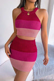 Color Block Sleeveless Crop Knit Top and Skirt Set - Trendsi - Flyclothing LLC