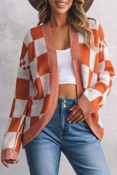 Plaid Open Front Dropped Shoulder Cardigan - Trendsi - Flyclothing LLC