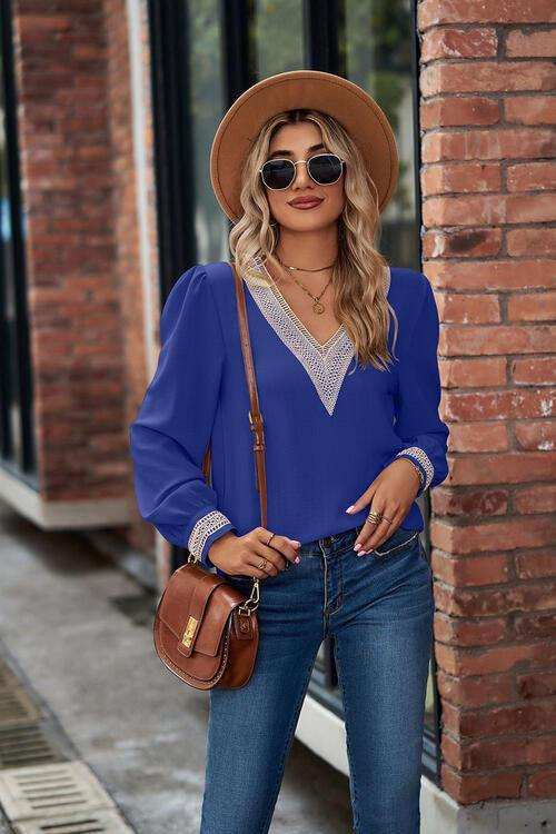 V-Neck Lace Detail Long Sleeve Top - Trendsi - Flyclothing LLC
