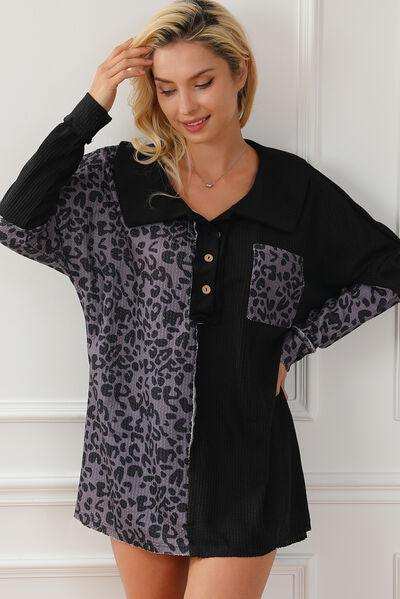Half Button Leopard Collared Neck Blouse - Trendsi - Flyclothing LLC