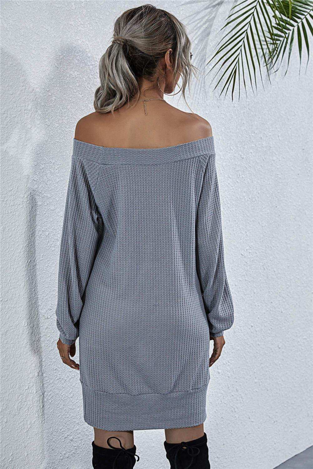 Waffle-Knit Boat Neck Mini Dress - Trendsi - Flyclothing LLC