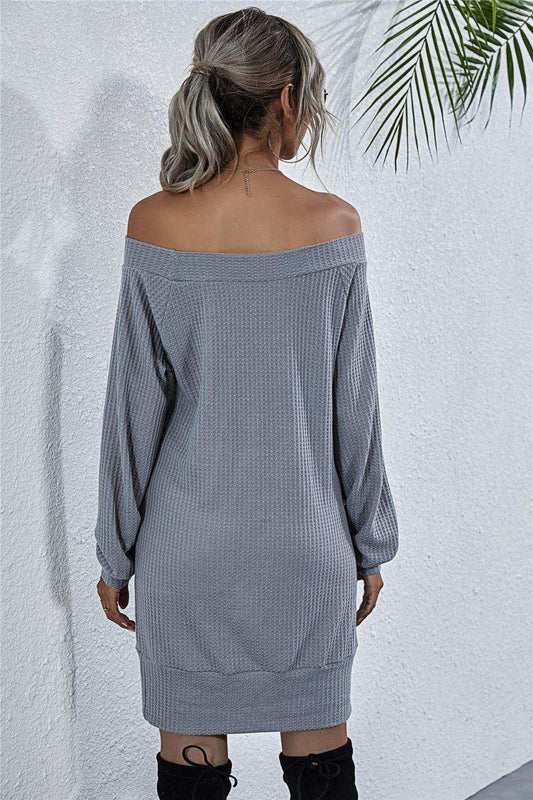 Waffle-Knit Boat Neck Mini Dress - Trendsi - Flyclothing LLC