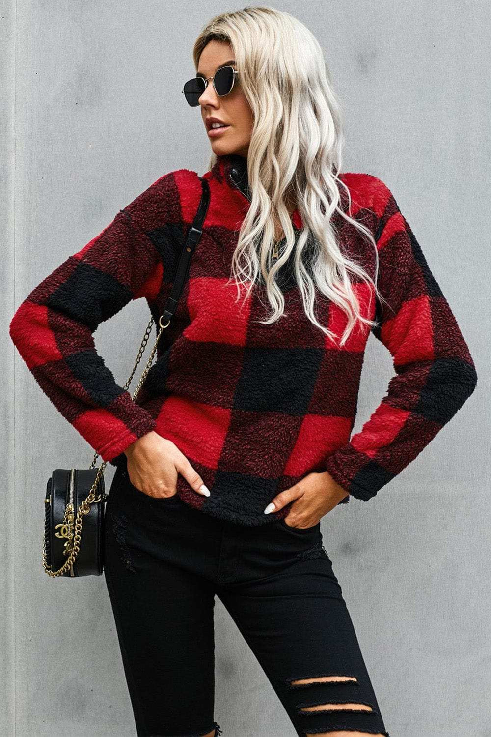 Half Zip Plaid Turtleneck Sweatshirt - Trendsi - Flyclothing LLC