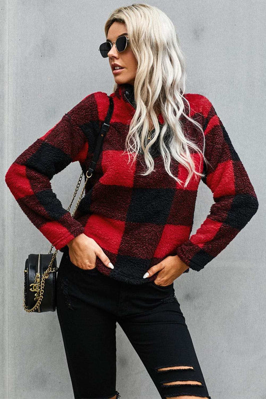 Half Zip Plaid Turtleneck Sweatshirt - Trendsi - Flyclothing LLC