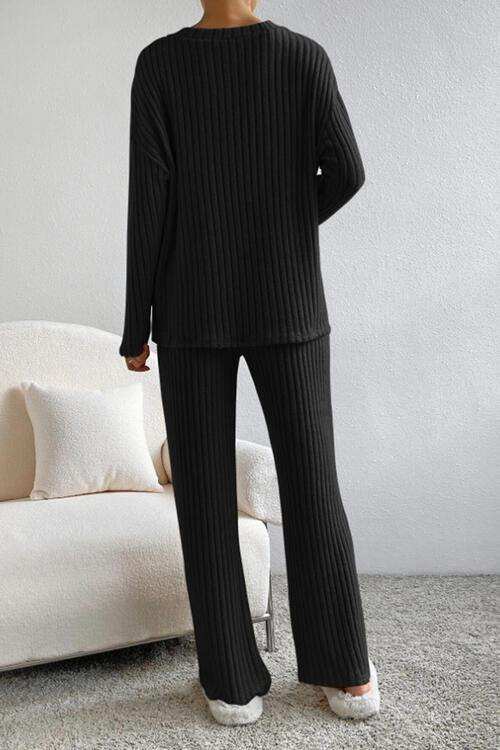 Ribbed V-Neck Top and Pants Set - Trendsi - Flyclothing LLC
