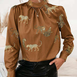 Leopard Graphic Mock Neck Puff Sleeve Blouse - Trendsi - Flyclothing LLC