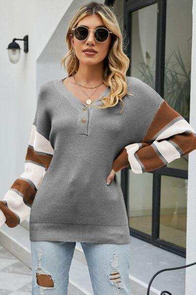 Color Block V-Neck Dropped Shoulder Sweater - Trendsi - Flyclothing LLC